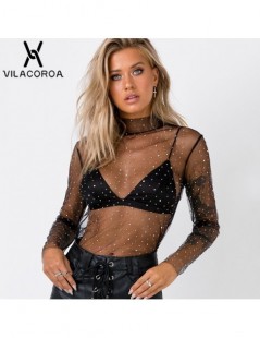 T-Shirts Fashion Lace Perspective Mesh Top Women Sequin Long Sleeve High Neck Female T-Shirt Shiny Women Tops camiseta mujer ...