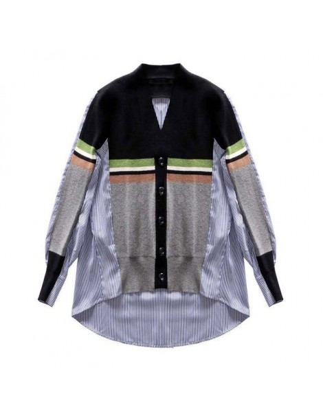 Pullovers 2019 New Spring Winter V-collar Long Sleeve Black Spit Joint Striped Irregular Hem Knitting Sweater Women Fashion J...