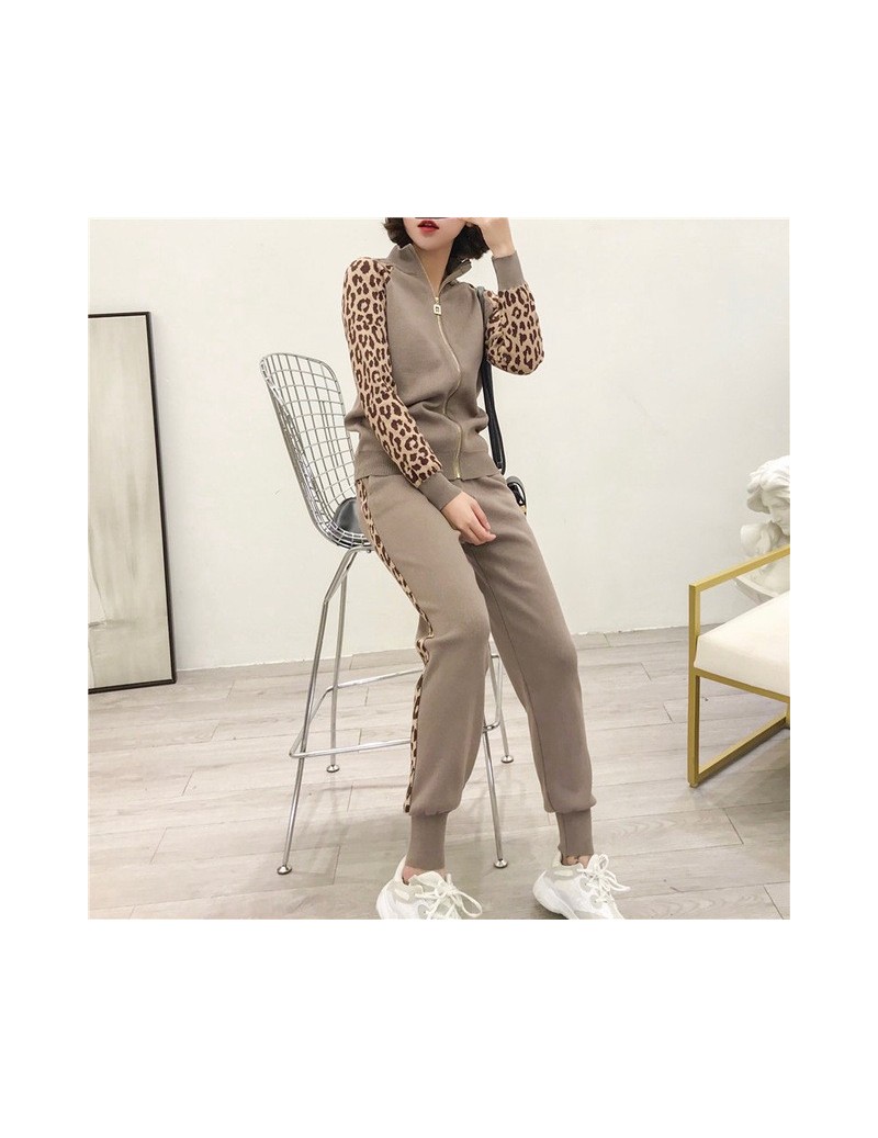 Women Leopard Print Knitting Cardigans + Pencil Pants 2PCS Casual Tracksuits Knit Jacket Trousers Sets - Khaki - 4F3071157608-1