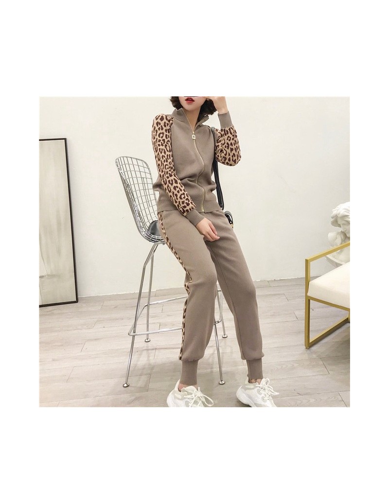 Women's Sets Women Leopard Print Knitting Cardigans + Pencil Pants 2PCS Casual Tracksuits Knit Jacket Trousers Sets - Khaki -...