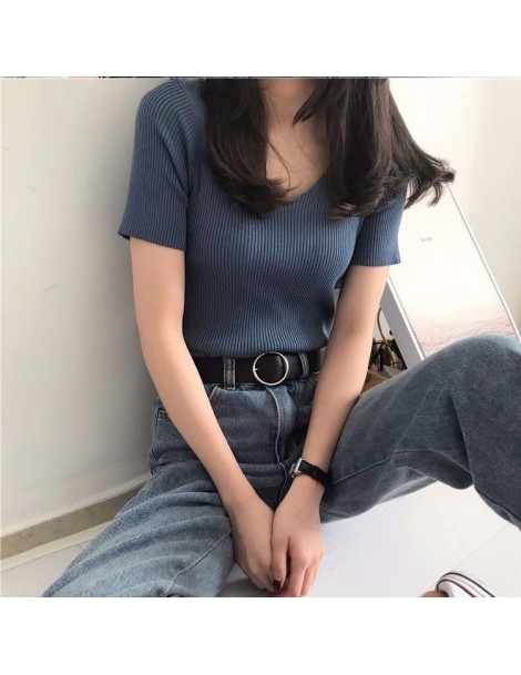 Pullovers Knitted Sweater Short Sleeve womens tops tee 2019 summer Casual Solid Slim Knitting Pullovers Korean Women shirts l...