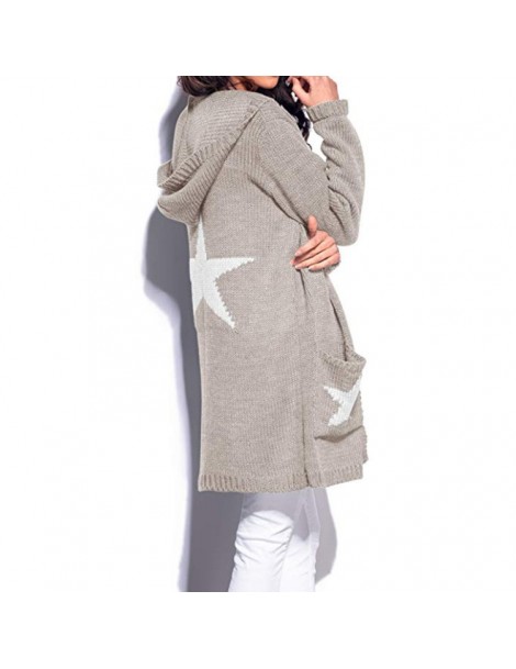 Cardigans Ladies Hooded Sweaters Long Women Star Design Pockets Cardigan Coat - Khaki - 453027504780-4 $38.33