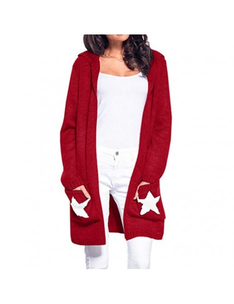 Cardigans Ladies Hooded Sweaters Long Women Star Design Pockets Cardigan Coat - Khaki - 453027504780-4 $38.33