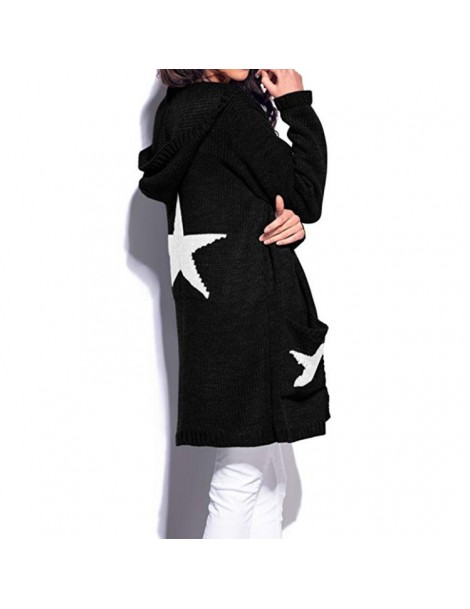 Cardigans Ladies Hooded Sweaters Long Women Star Design Pockets Cardigan Coat - Khaki - 453027504780-4 $42.72