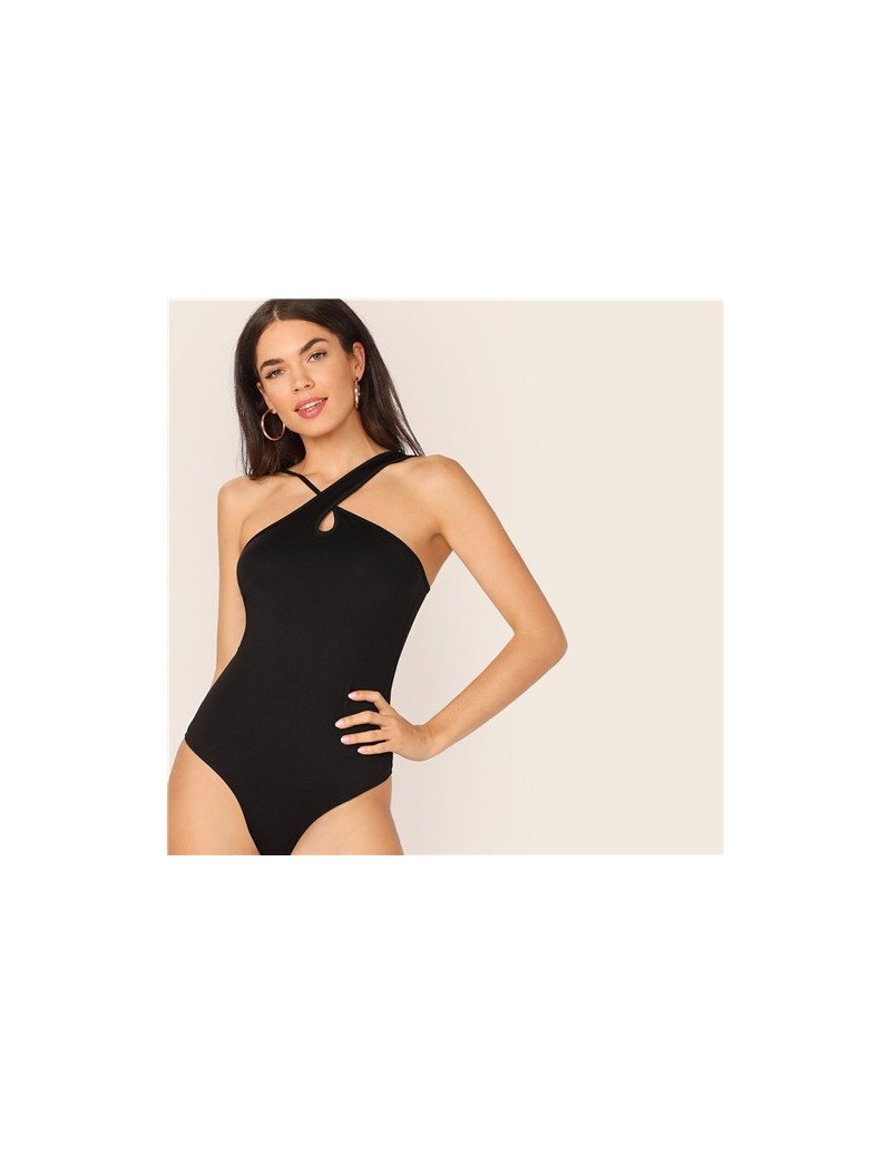 Black Solid Crisscross Asymmetrical Straps Front Bodysuit Women 2019 Summer Sexy Sleeveless Female Skinny Bodysuits - Black ...