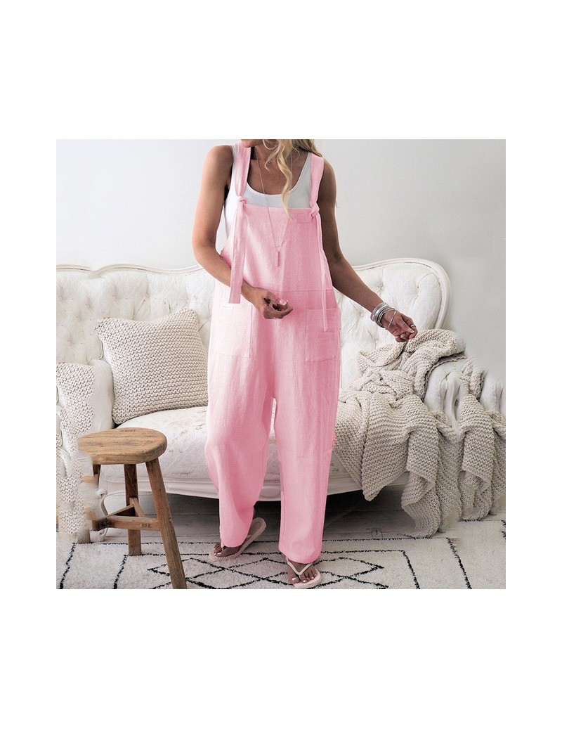 2019 Summer Women Strappy Pockets Casual Solid Dungarees Cotton Linen Long Jumpsuits Loose Bib Overalls Rompers Plus Size - ...