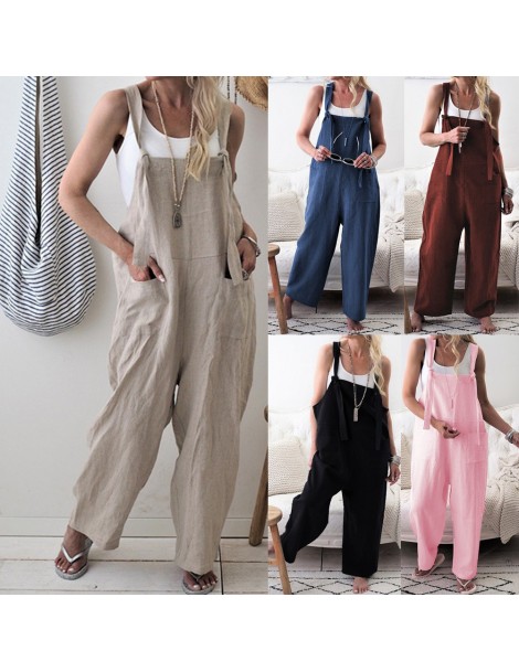 Jumpsuits 2019 Summer Women Strappy Pockets Casual Solid Dungarees Cotton Linen Long Jumpsuits Loose Bib Overalls Rompers Plu...
