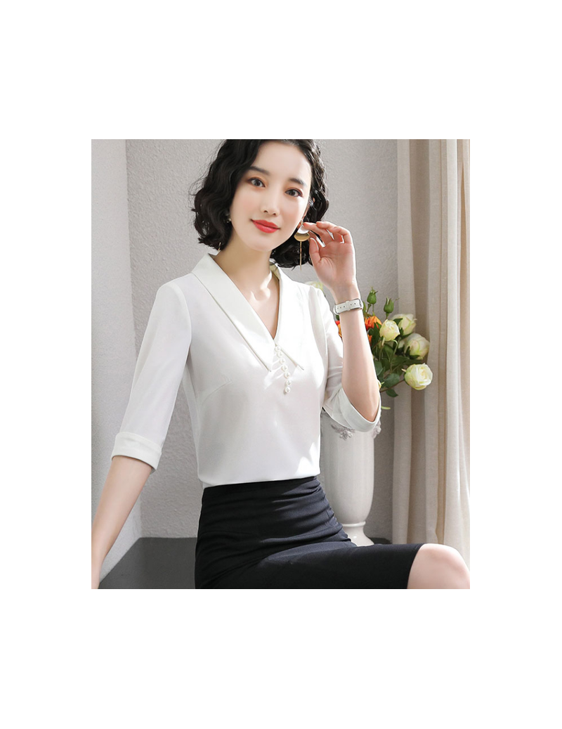 2019 New Korean Office lace shirt Fashion V-collar White blouse Solid color Elegant Women Chiffon Tops blusa feminina - whit...