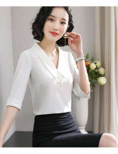 Blouses & Shirts 2019 New Korean Office lace shirt Fashion V-collar White blouse Solid color Elegant Women Chiffon Tops blusa...