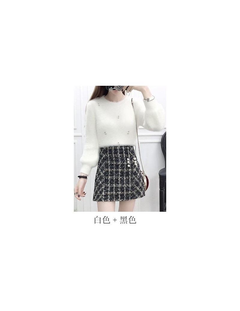 New 2019 Winter Women Skirt Set Fashion Suits Nail Bead White Sweater Grid Tweed Skirt Two-Piece Clothing Set Outfit - Black...