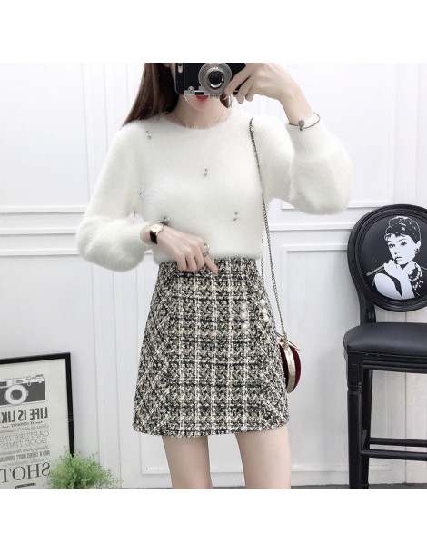 Women's Sets New 2019 Winter Women Skirt Set Fashion Suits Nail Bead White Sweater Grid Tweed Skirt Two-Piece Clothing Set Ou...