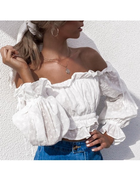 Blouses & Shirts Vintage White Embroidery Women Crop Tops and Blouse 2019 NEW Off Shoulder Slash Neck Blouse Girl Lantern Sle...