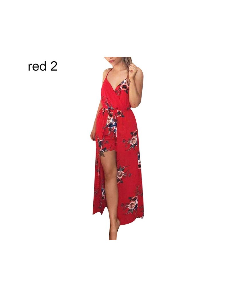 Rompers Beach Party Boho Women Flower Print V Neck Sleeveless Shorts Jumpsuit Maxi Dress Wholesale - Red 2 - 33027003217 $29.49