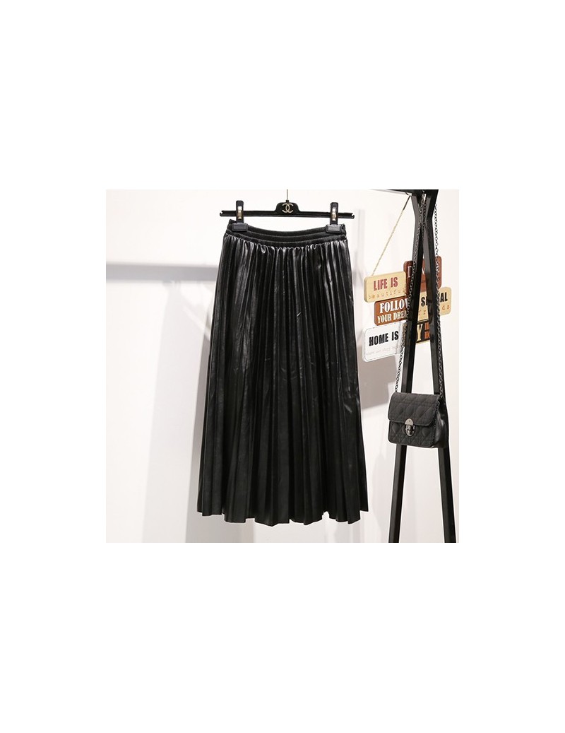 PU Skirt Women 2019 Autumn Winter Midi Long Korean Elegant Pleated High Waist Leather Skirt Female A line Office Skirt - Bla...