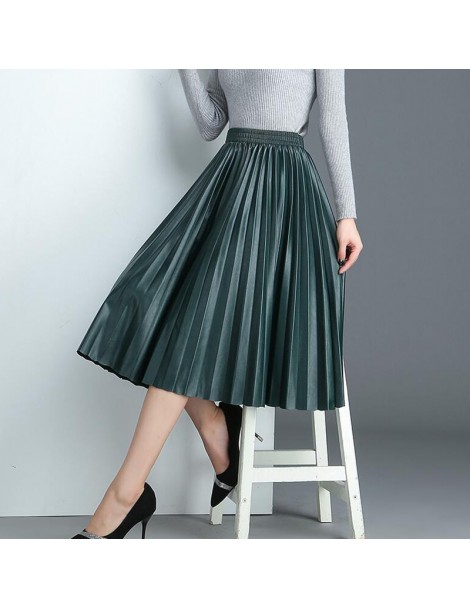 Skirts PU Skirt Women 2019 Autumn Winter Midi Long Korean Elegant Pleated High Waist Leather Skirt Female A line Office Skirt...