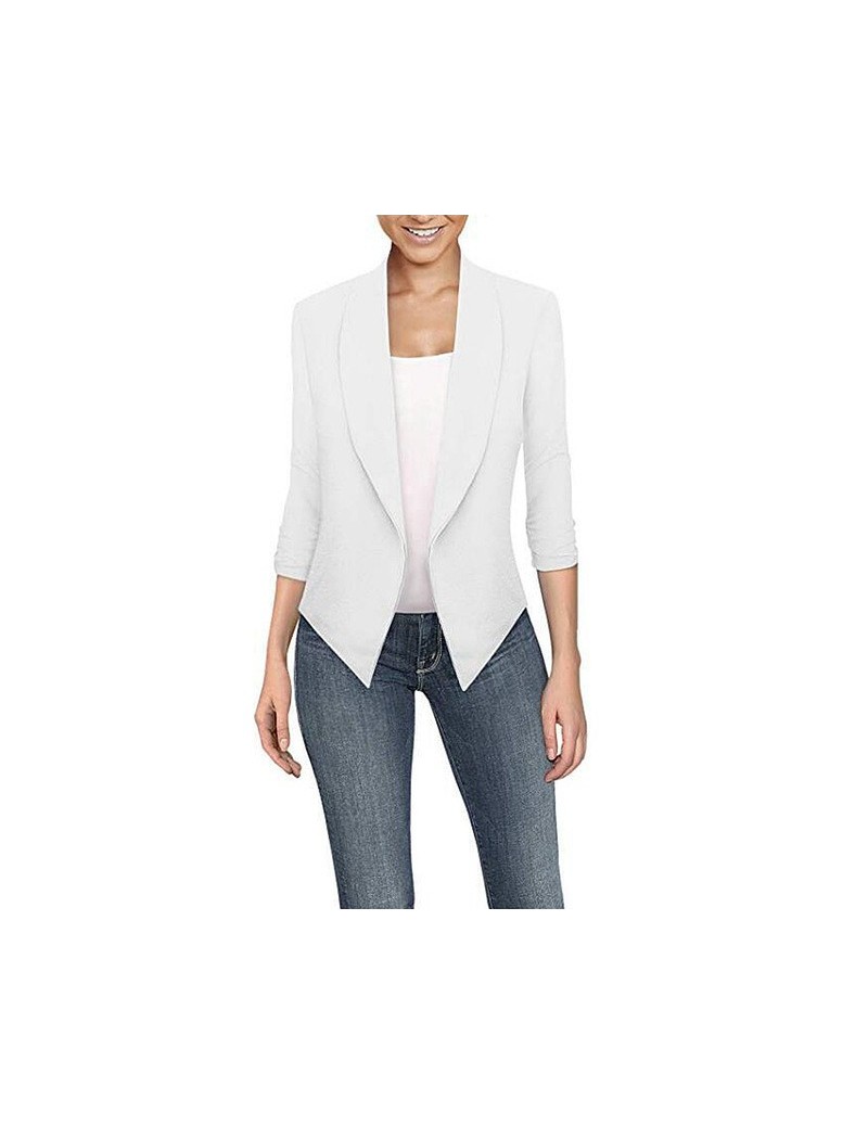 Womens Solid Open Front Cardigan Irregular Suit Jacket Work Office Coat Three Quarter Long Sleeve Coat Casual Coat - White -...