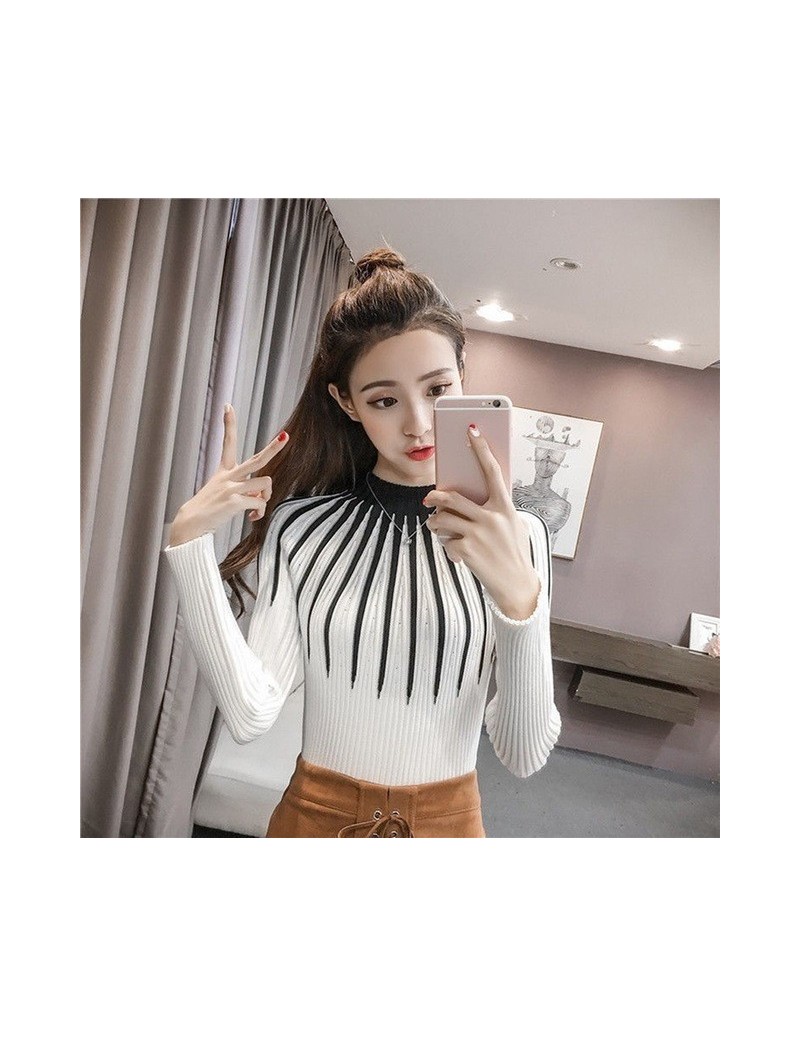 New Women Slim Sweaters Autumn Winter Turtleneck Long-sleeved Knitted Jumper Harajuku Outwear Korean Stripes Pullovers - Whi...