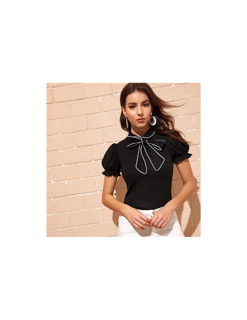 Blouses & Shirts Contrast Binding Tie Neck Puff Sleeve Blouse 2019 Summer Black Puff Sleeve Stand Collar Short Sleeve Tops An...