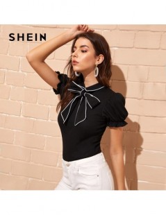 Blouses & Shirts Contrast Binding Tie Neck Puff Sleeve Blouse 2019 Summer Black Puff Sleeve Stand Collar Short Sleeve Tops An...