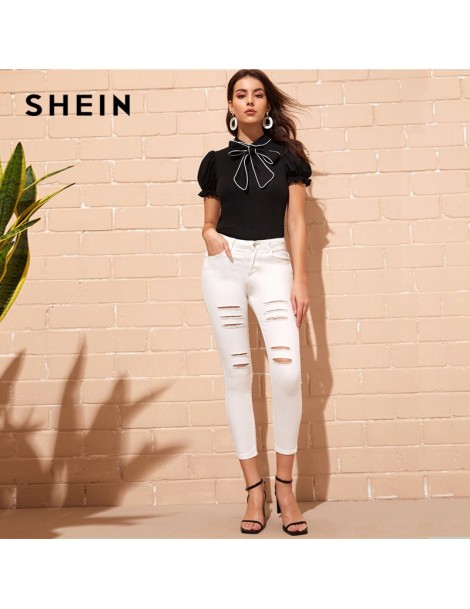 Blouses & Shirts Contrast Binding Tie Neck Puff Sleeve Blouse 2019 Summer Black Puff Sleeve Stand Collar Short Sleeve Tops An...