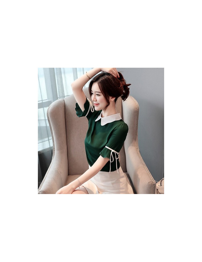 Korean fashion clothing 2019 chiffon blouse women's clothing Short Bow Solid Peter pan Collar ladies tops blouse shirts 3463...