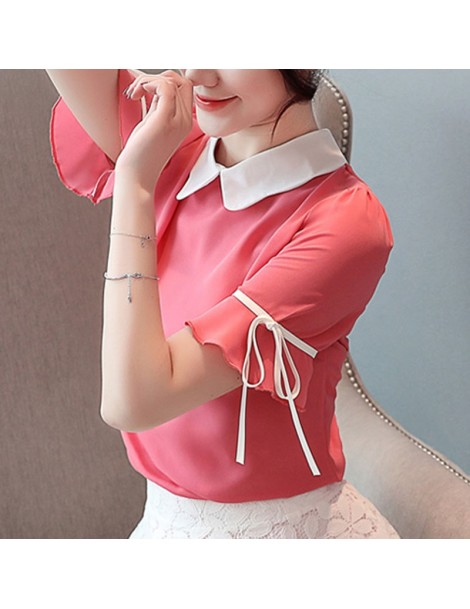Blouses & Shirts Korean fashion clothing 2019 chiffon blouse women's clothing Short Bow Solid Peter pan Collar ladies tops bl...