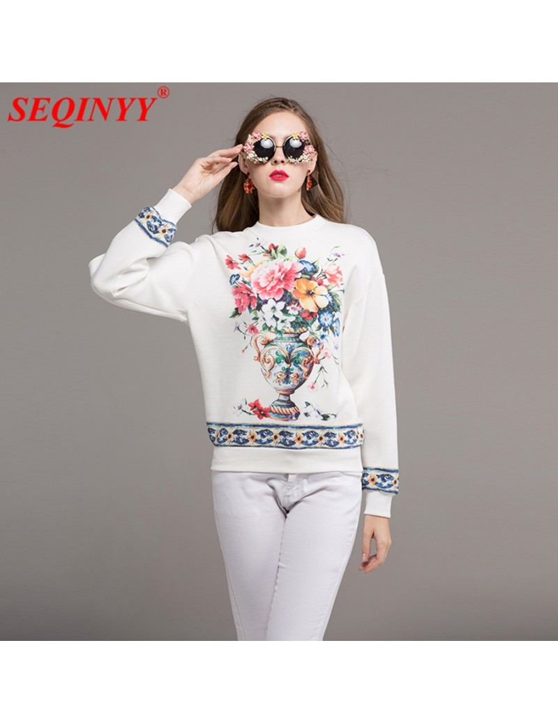 Women's Pullovers American European Style 2017 Autumn Fashion Flowers Blossom Printed Long Sleeve Ladies Casual White Runway...