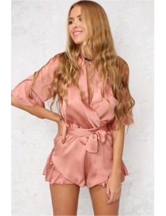 2019 New Fashion Summer Style Imitation Satin Tie Sexy V Neck Flounced Lace One Piece Pants Women Jumpsuit - Pink - 32808423839