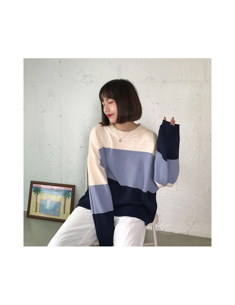 New Korean Harajuku Women Knitted Sweater Autumn Winter Fashion Stripe Patchwork Long Sleeve Loose Pullover Jumper - Blue - ...
