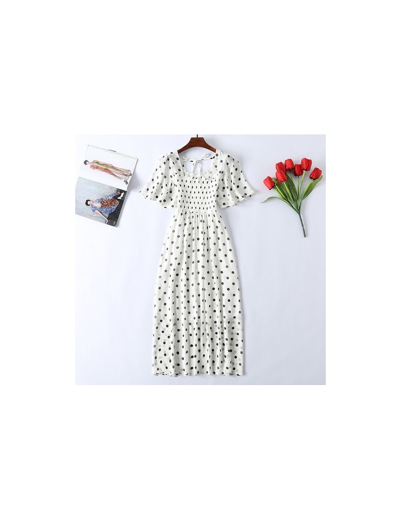 New Summer Chiffon Dresses Women Dot Leaves Print Short Sleeve Dresses Casual High Waist Square Collar Elegant Dresses - Whi...