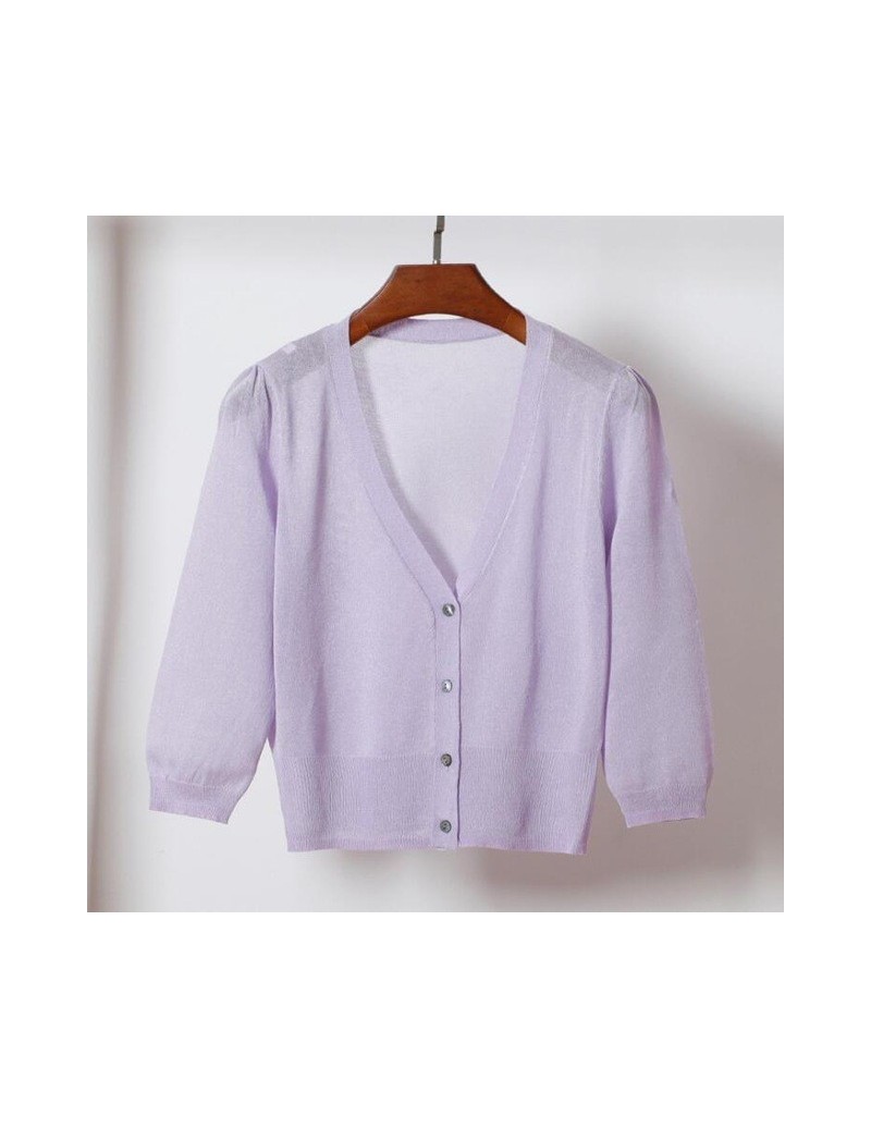 Short Knitted Cardigan Coat Summer Women's Three Quarter V Neck Ice Silk Thin Coats Buttons Women Tops - light purple - 4W39...