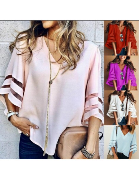 Blouses & Shirts Women's summer trumpet sleeves shirt fashion loose mesh V-neck solid color chiffon jacket elegant ladies shi...