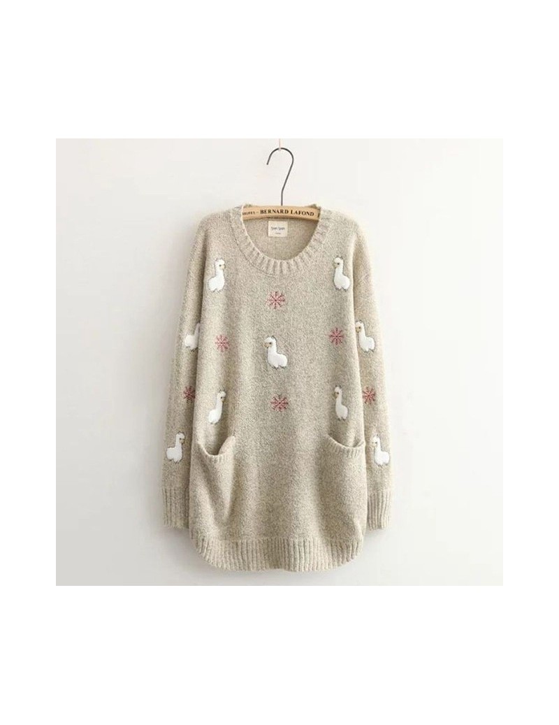 Pullovers Cute Alpaca Women's Pullover Sweaters Cartoon Embroidered Loose Mori Girl Knitwear - Gray - 433056113429-2 $63.53