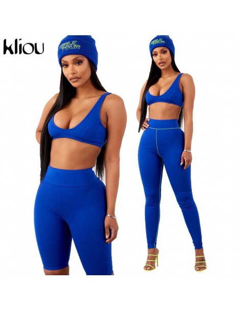 Women's Sets women two pieces set sexy v-neck crop top fitness sportswear bra tracksuit blue elastic high waist leggings 2019...
