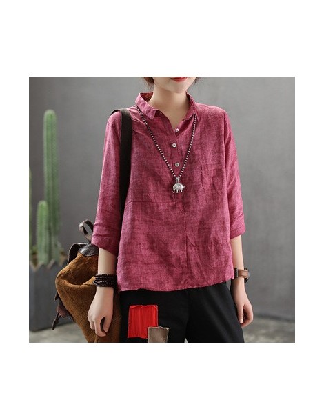 Blouses & Shirts Cotton Linen Spliced Button Spring three-quarter Sleeve Top Women Blouse Loose Solid turn-down Collar Women ...