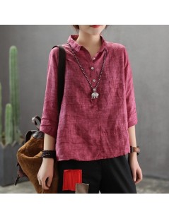 Blouses & Shirts Cotton Linen Spliced Button Spring three-quarter Sleeve Top Women Blouse Loose Solid turn-down Collar Women ...