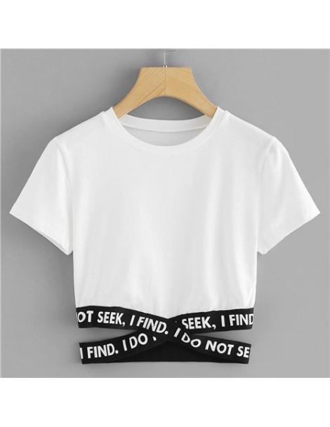 T-Shirts Crop Top Women Contrast Slogan Criss Cross Waist Tee 2019 Summer Tops Asymmetrical Hem Short Sleeve Female T-shirt -...