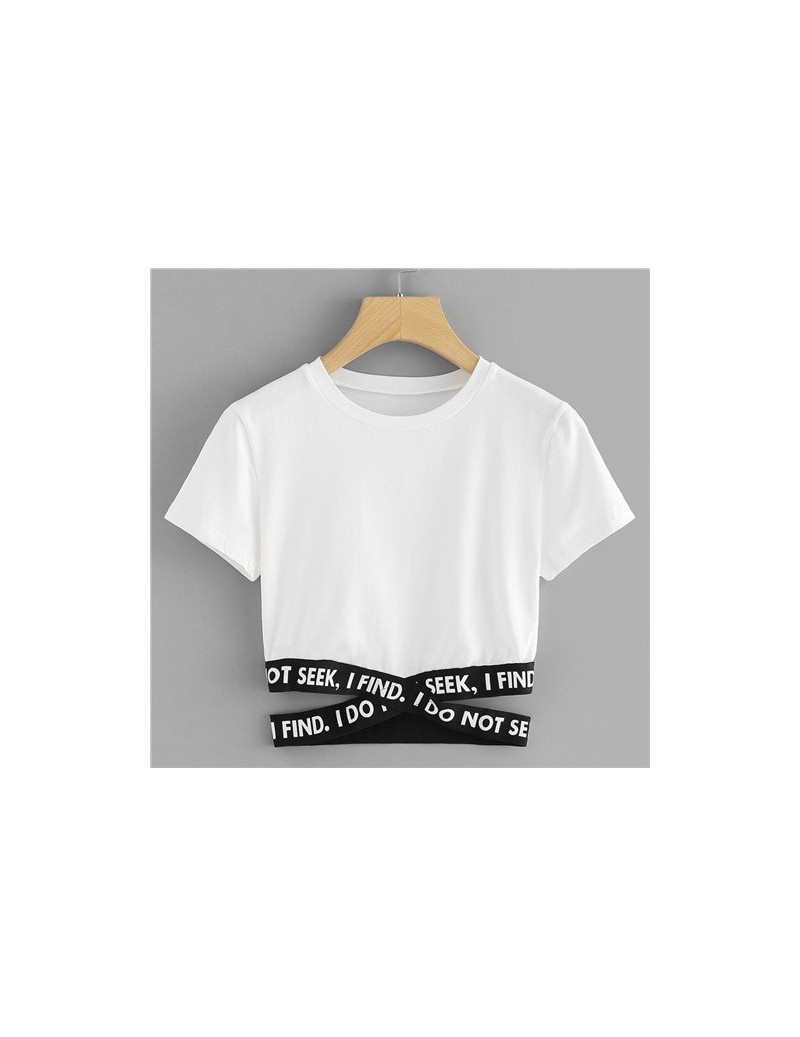 Crop Top Women Contrast Slogan Criss Cross Waist Tee 2019 Summer Tops Asymmetrical Hem Short Sleeve Female T-shirt - White -...