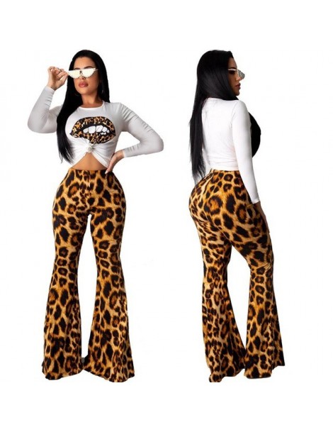 Women's Sets Leopard Print Two Piece Set Women Casual Short Sleeve T-Shirt Crop Top + High Waist Flare Pants Suit Female Outf...