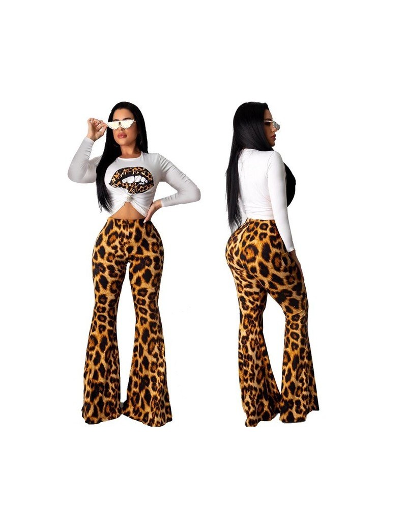 Women's Sets Leopard Print Two Piece Set Women Casual Short Sleeve T-Shirt Crop Top + High Waist Flare Pants Suit Female Outf...