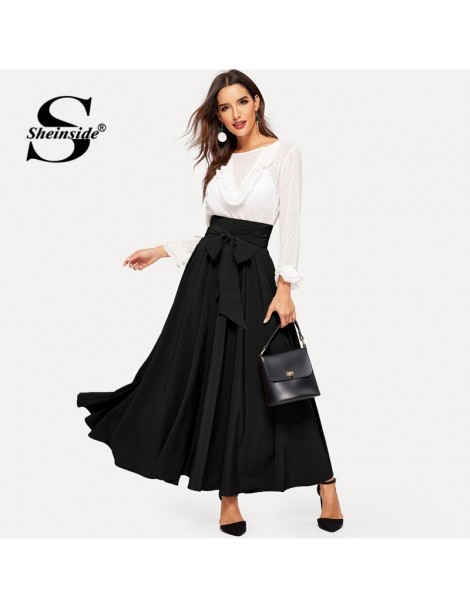 Skirts Black Casual High Waist Maxi Skirt Women 2019 Spring Mid Waist Belted Skirts Ladies Elegant Solid Flared Skirt - Black...