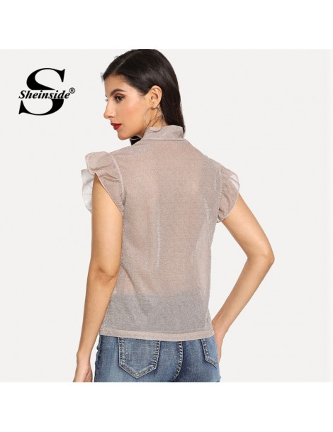 Blouses & Shirts Apricot Elegant Glitter Top Women 2019 Tie Neck Ruffle Armhole Blouses Summer Casual Stand Collar Lace Up Bl...