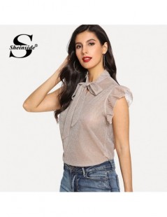 Blouses & Shirts Apricot Elegant Glitter Top Women 2019 Tie Neck Ruffle Armhole Blouses Summer Casual Stand Collar Lace Up Bl...