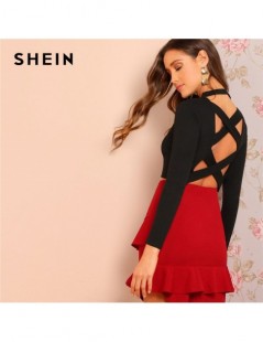 T-Shirts Ladies Night Out Black Criss Cross Backless Solid Pullovers Tops Women Spring Stand Collar Sexy Skinny Crop T-shirt ...
