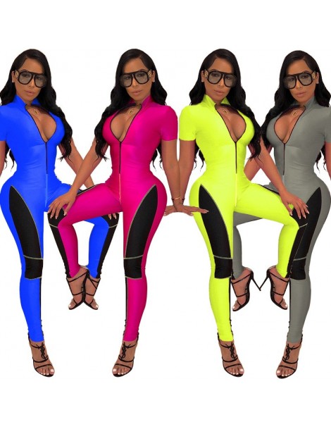 Jumpsuits Color Patchwork Women Athleisure Jumpsuit Sexy Zipper V Neck Short Sleeve Skinny Romper Sporting Outfits Tracksuit ...