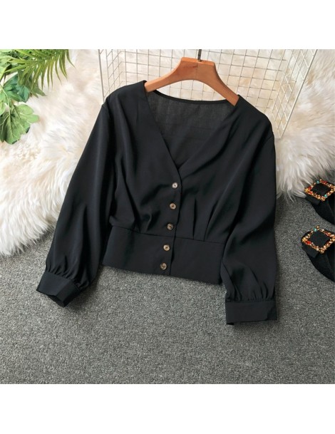 Blouses & Shirts Sexy V-Neck Solid Women Blouse 2019 Spring Summer New Buttons Slim Shirts Short Ruched Grace Fashion Female ...