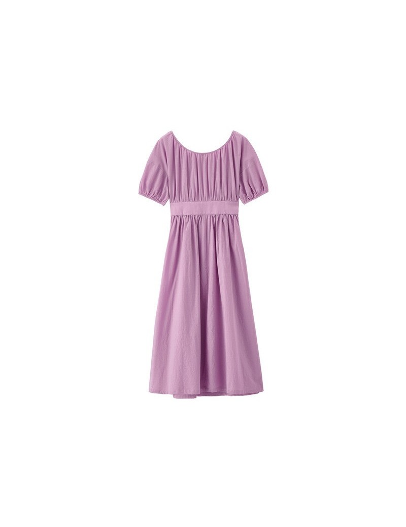 Dresses 2019 Summer New Arrival Solid 100% Cotton O-neck Short Sleeve Defined Waist Slim Elegant Women Dress - Purple - 4Z412...