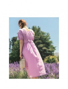 Dresses 2019 Summer New Arrival Solid 100% Cotton O-neck Short Sleeve Defined Waist Slim Elegant Women Dress - Purple - 4Z412...