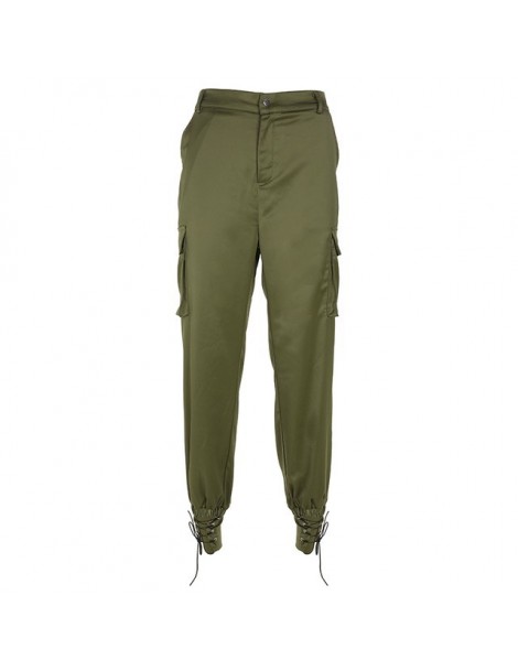 Streetwear satin cargo pants women trousers big pockets lace up pencil pants track joggers 2019 casual green bottoms - green...