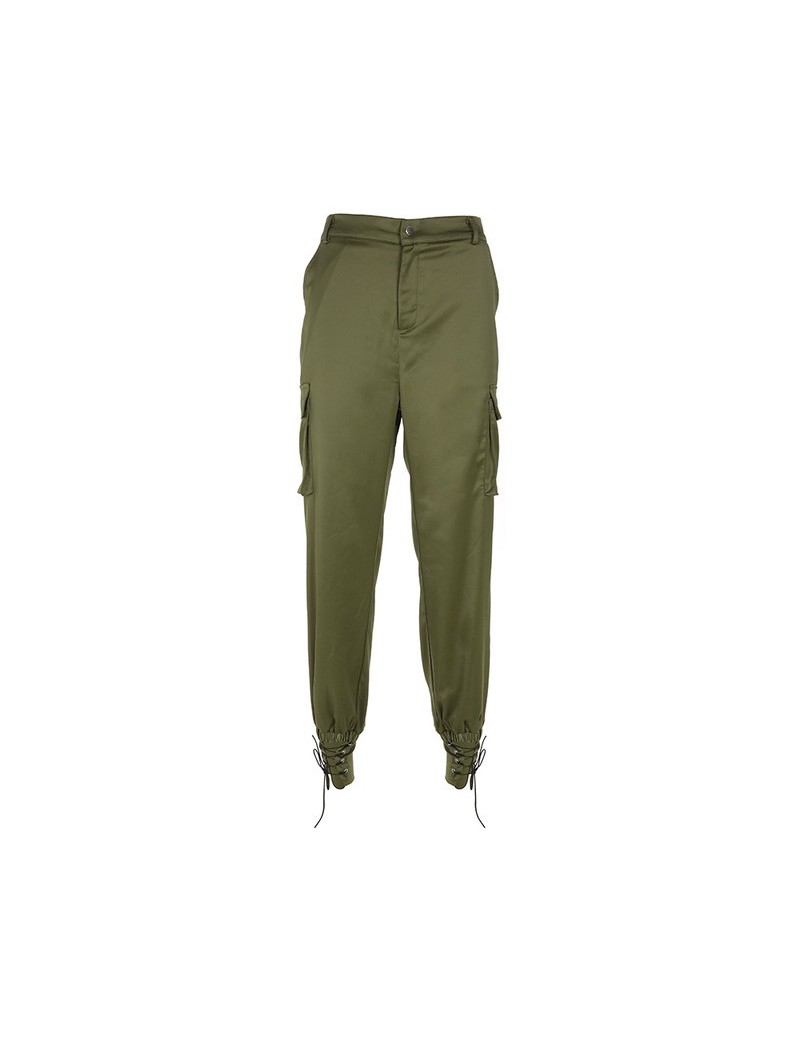 Streetwear satin cargo pants women trousers big pockets lace up pencil pants track joggers 2019 casual green bottoms - green...